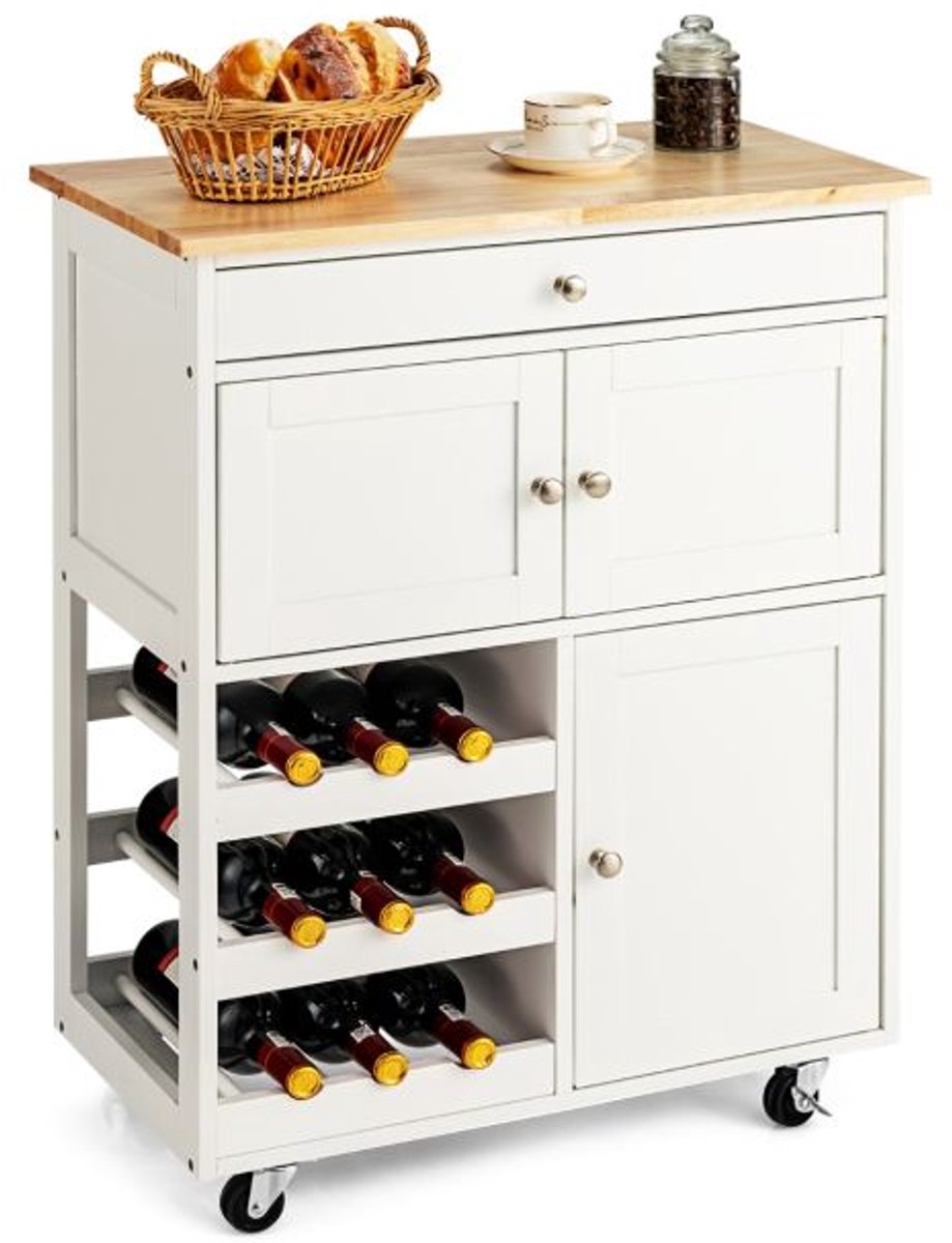Keukeneiland - Verplaatsbaar - Keukenkast - Dressoir - Organizer - Kasten - Houten Werkblad - Lade - Wit
