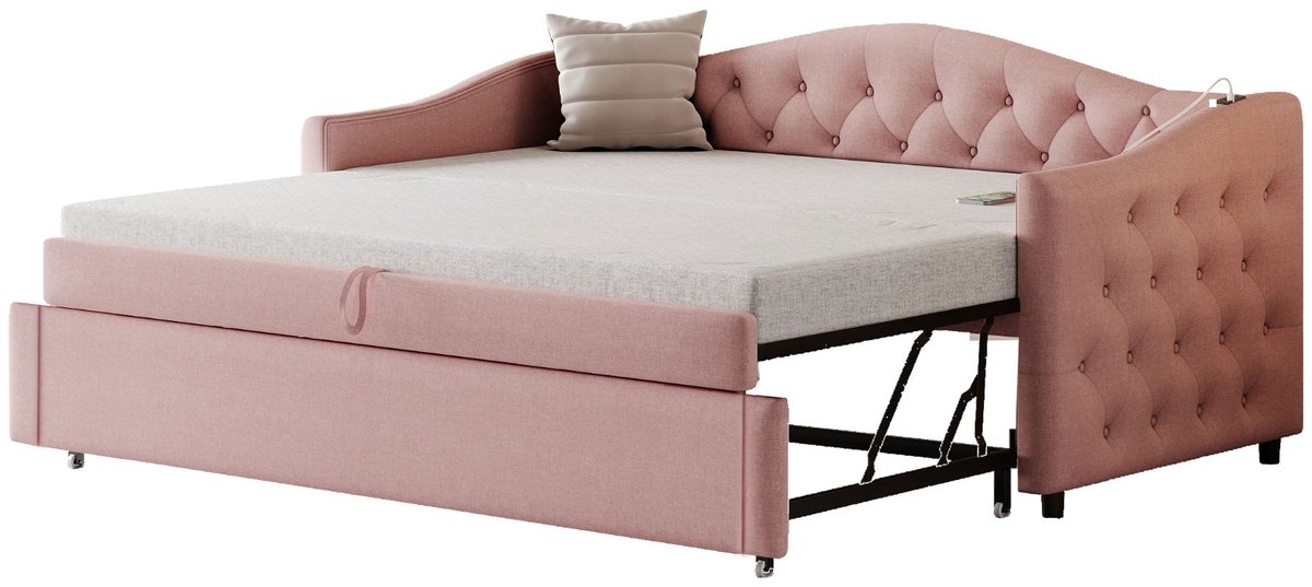 Merax Bedbank 90x200 Cm - Slaapbank Met Lattenbodem En Usb-Aansluiting - Multifunctioneel Logeerbed In Roze Linnen