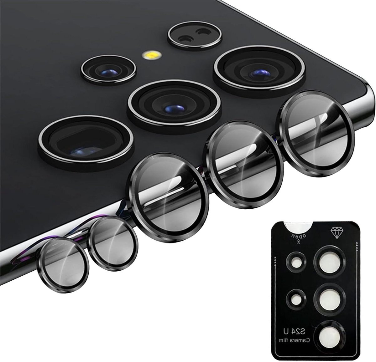 Allecto Plus - Camerabescherming voor Samsung Galaxy S24 Ultra - 9H gehard glas - Metalen ringbescherming - Krasbestendig - Zwart - Ultra HD - Duurzaamheid - Bescherming