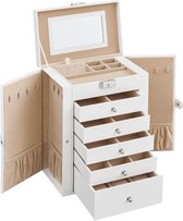 Conway Living® - Sieradenkistje, groot sieradendoosje met klapdeuren aan de zijkant, laden, spiegel en sluiting, voor ringen, oorbellen, wit