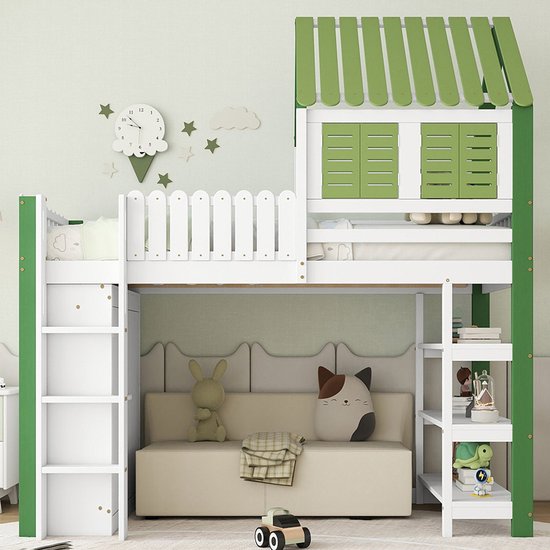 Lcoho Hoogslaper, kinderbed (zonder matras), met ledverlichting, met kledingkast, met opberglade, EN747-gecertificeerd, grenenhout, 90 x 200 cm, wit (met kledingkast