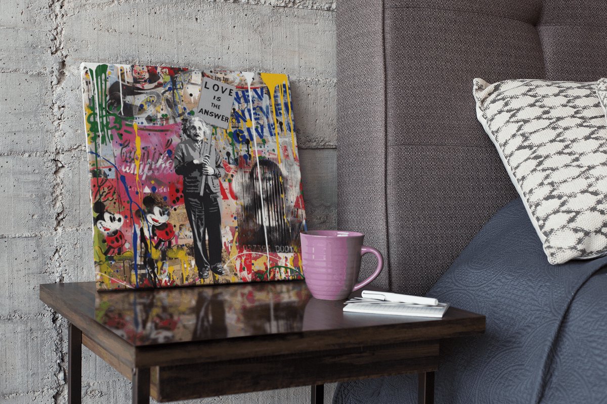 Trendex Global Vierkant Canvas Schilderij – Banksy Art – Einstein – Moderne Wanddecoratie – 40x40x2 cm Kleurrijk