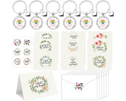 Allecto Plus - Afscheidsgeschenk opvoeder: bedankje cadeauset voor leraren en kinderdagverblijven met sleutelhanger, enveloppen en stickers in wit - 19 stuks