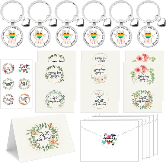 Allecto Plus - Afscheidsgeschenk opvoeder: bedankje cadeauset voor leraren en kinderdagverblijven met sleutelhanger, enveloppen en stickers in wit - 19 stuks