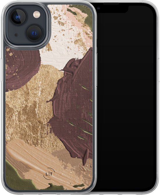 iPhone 13 avec coque abstraite marron, dorée et crème, à côté d'un écran de téléphone noir.