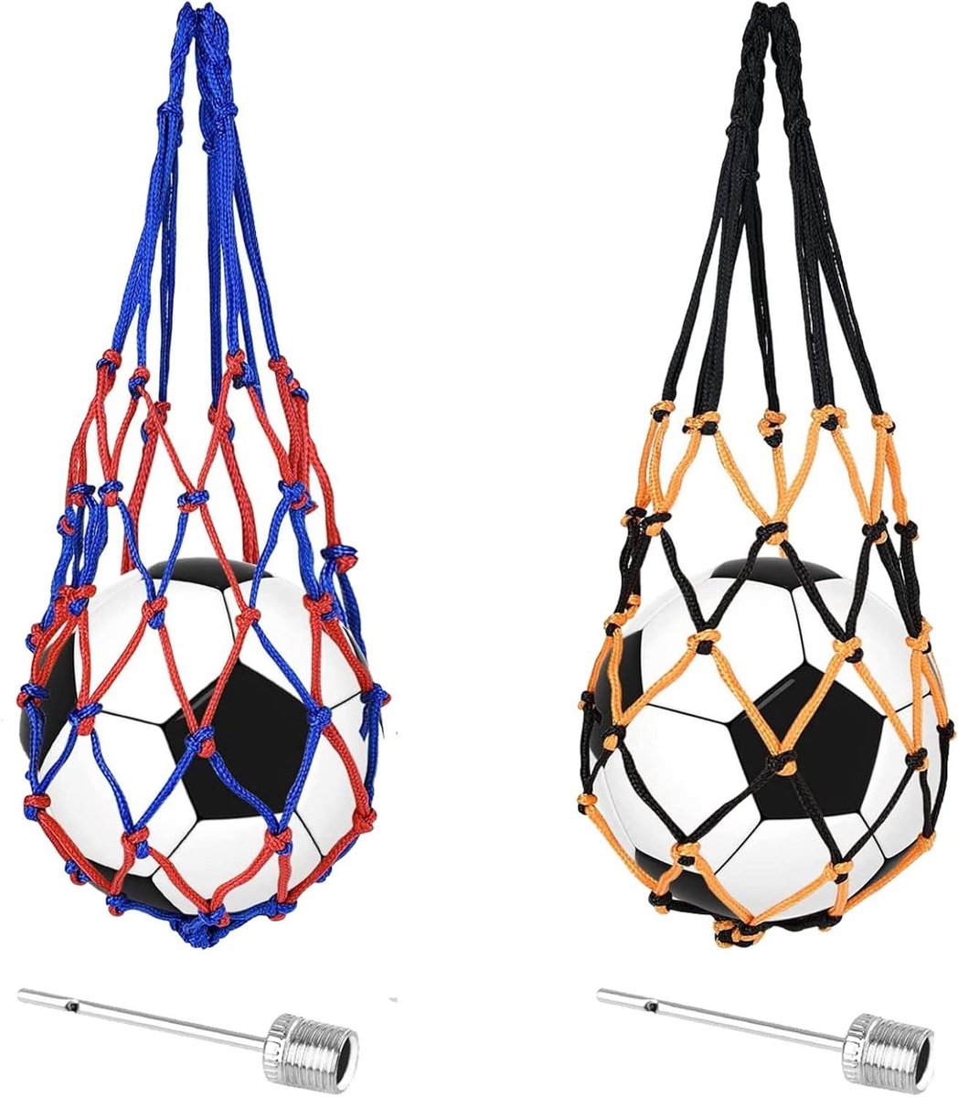 Allecto Plus - Draagbare Ballennet Set van 2 - Basketbal Net en Voetbal Net - Ballentas en Net - Baldrager Tennisbaldrager - 2 Ballen Naalden (Blauw Wit + Zwart Rood)