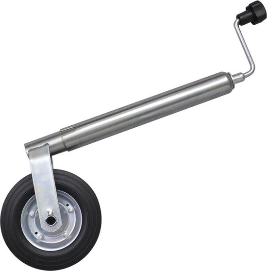 Zilverkleurig neuswiel voor een trailer met een zwarte handgreep.