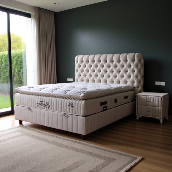 BSS Bedding Fluffy - Complete Boxspring - Boxspring - 180x200 - Kingsize Bed - Boxspring met Opbergruimte - Bedden - Slaapkamerbed - 1 x Matras met Topper - 2 x Bedbox - 1 x Hoofdbord - Beige
