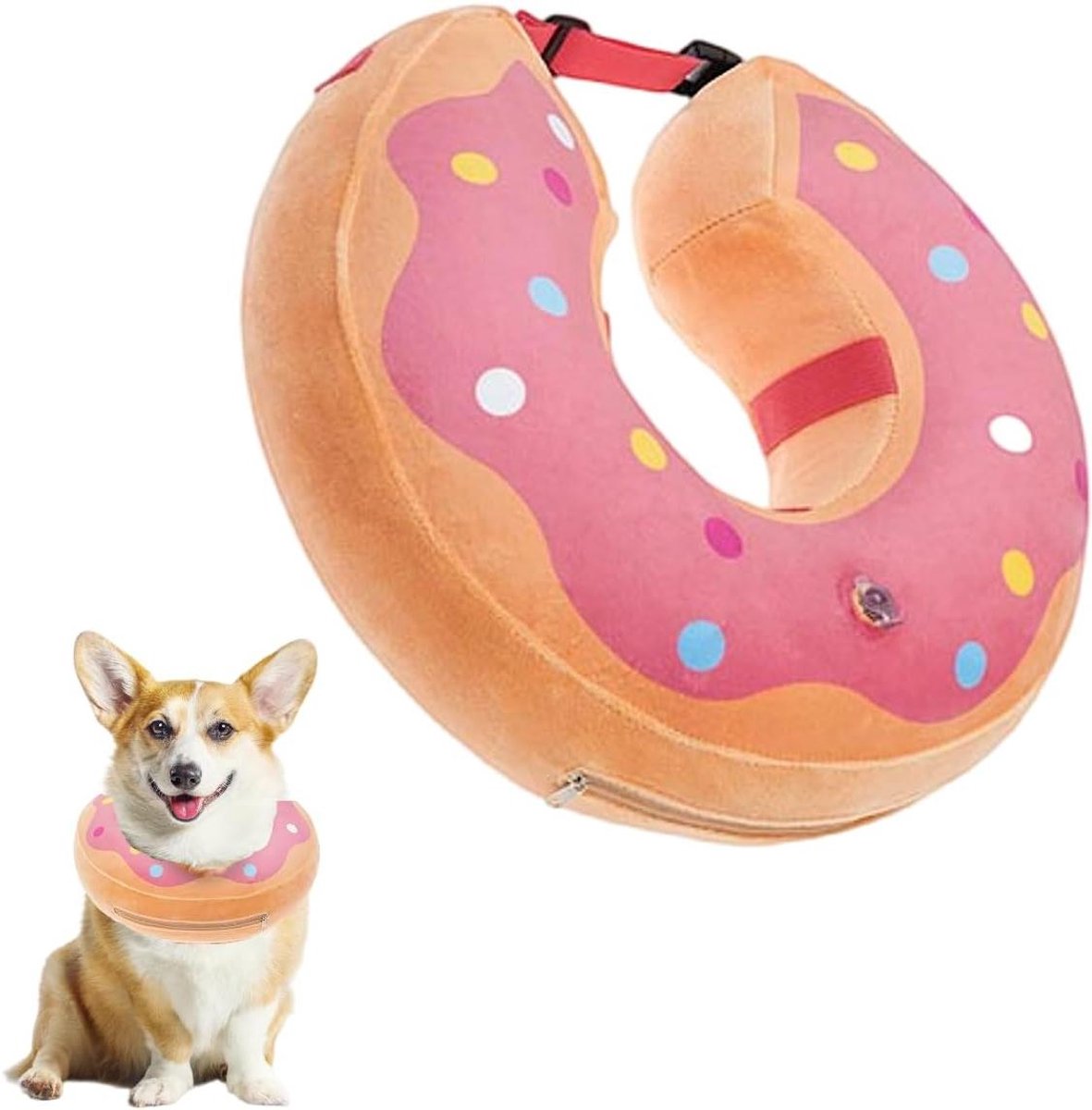 Allecto Plus - Opblaasbare halsband voor grote honden - Zachte bescherming - Voorkomt likken en bijten - Roze donuts - Maat 9.5"-11.5"