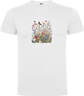 Wit T-Shirt met “Kleurrijke bloemen en vlinders - Veldboeket - Bloemenpracht - Voorjaar“ Print Full Color Maat 2XL