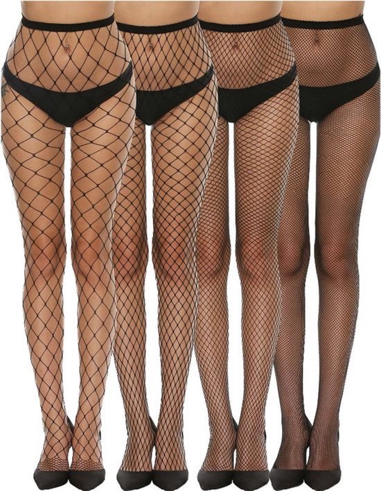 Vijf vrouwen met zwarte visnetpanty's in verschillende visnetpatronen, van grote tot kleine mazen.