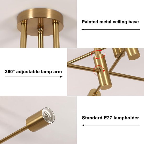 Plafonnier industriel 6 ampoules E27, Lampes de plafond de plafond pour salon, chambre à coucher , Cuisine, Goud