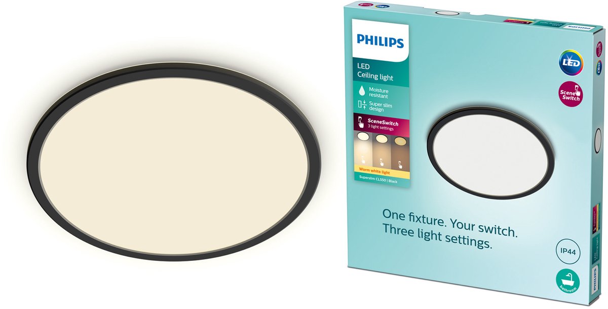 Bol.com Philips SuperSlim badkamer plafondlamp - zwart - rond - 15 W aanbieding