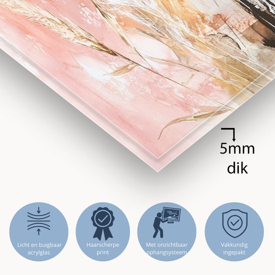 Botanische abstractie in aardetinten - Natuur glazen schilderijen - Schilderijen planten - Aquarel - Schilderijen plexiglas - Landelijke schilderijen - acrylglas 120x80 cm