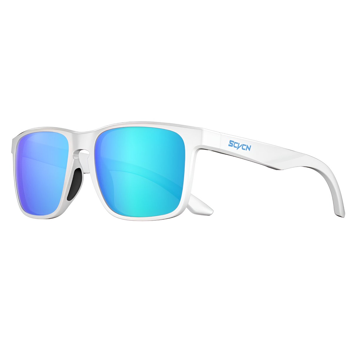 SCVCN® S235-QTC-04 | Zonnebril Piloten | Gepolariseerd Wayfarer Classic Zonnebril | Rechthoekig | Bril Hipster| Vierkant Rechthoekige | Carnavalsbril | Festival bril | Retro Zonnebril | Zonnebril Dames & Heren | Wit Montuur | Blauw Spiegel Glazen