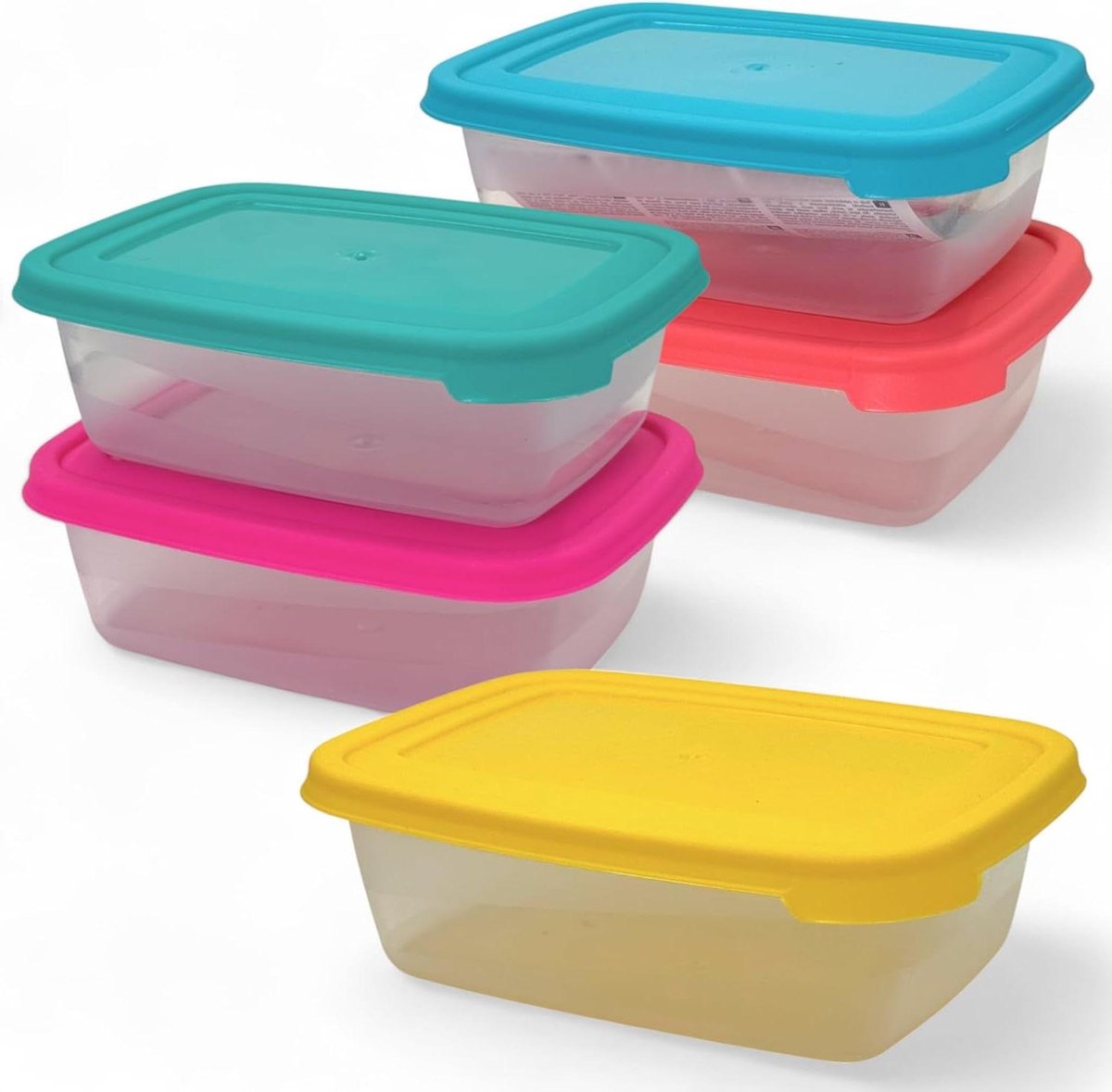 Allecto Plus - 5-delige set vershouddozen 600 ml - BPA-vrij - Stapelbaar - Magnetron- en vriezerbestendig - Vaatwasmachinebestendig - Kleurrijk assortiment