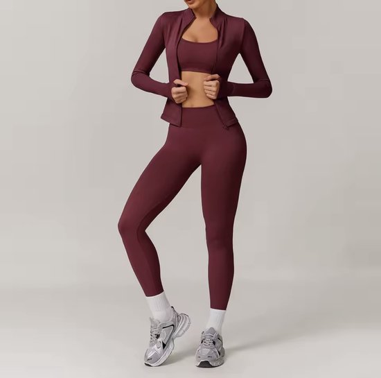 Contour Flow Gym Set - Taille S - Burgundy – 3 pièces : Sport BH, Legging & Jacket – Taille haute – Fitness / Yoga – Bordeaux - Dames Seamless Sportset –