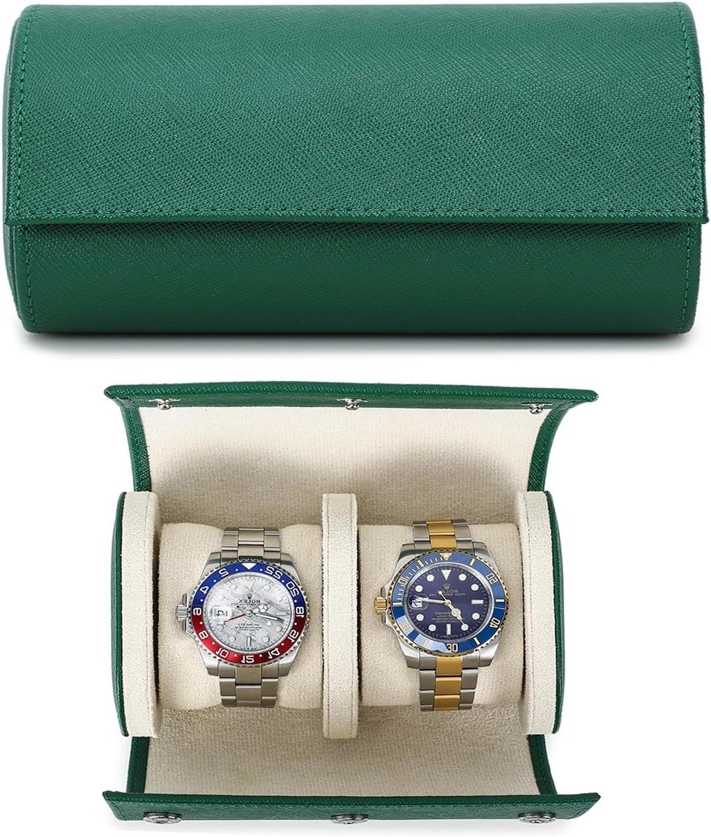 Allecto Plus - Opberghoes voor 2 Horloges van Echt Leer - Handgemaakt - Draagbare Reishorloge Case - Verwijderbare Kussens - Snag Montage Ontwerp - Groen - Luxe Accessoire voor Horlogeliefhebbers