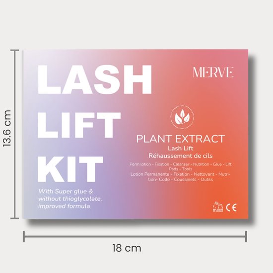 Verpakking van de Merve Lash Lift Kit. Afmetingen 18 cm x 13.6 cm. Toont "Lash Lift KIT", "PLANT EXTRACT" en "with Super glue & without thioglycolate, improved formula".