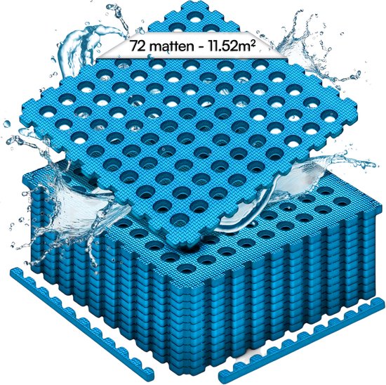 Pile de dalles de piscine bleues en EVA avec des éclaboussures d'eau, 72 dalles - 11.52m².