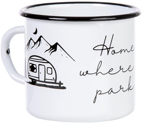 Emaille mok - Home is where you park it - 330 ml - wit - onbreekbaar