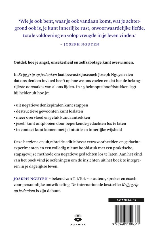 Achterkant van het boek "Krijg grip op je denken" van Joseph Nguyen met tekst over de inhoud en de auteur.