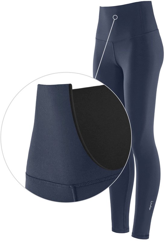 Donkerblauwe legging met hoge taille, close-up toont de binnenkant.