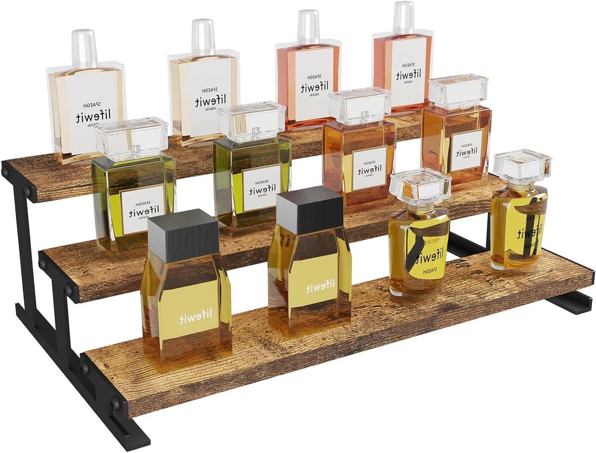 Allecto Plus - 3-etages displaystandaard van zwart metaal voor Keulses water en parfumorganizer, 35 x 20 x 11 cm