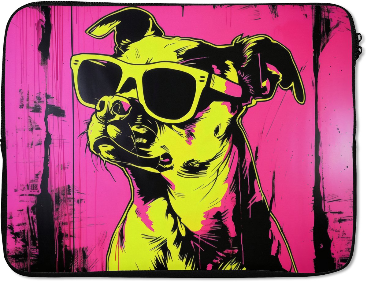 Laptophoes 15.6 inch - Hond - Zonnebril - Roze - Art - Laptop sleeve - Binnenmaat 37x26 cm - Zwarte achterkant