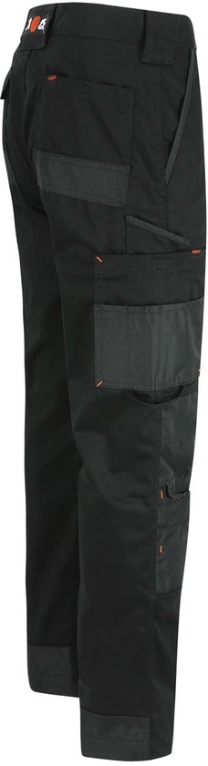 Zwarte Herock werkbroek met grijze cargo zakken en oranje stiksels.