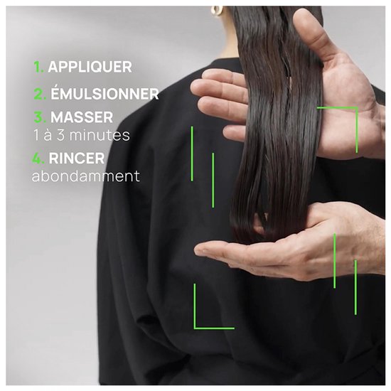 Een producttoepassingsinstructie met handen die lang, nat, donker haar manipuleren. Tekst: 'APPLIQUER', 'ÉMULSIONNER', 'MASSER', 'RINCER'.