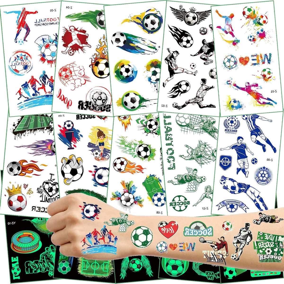 Inovra Plus - 15 vellen voetbal tattoos voor kinderen - lichtgevende tatoeages - cadeaus voor jongens - eerste schooldag - schoolzak inhoud - voetbal thema - jongens cadeautjes