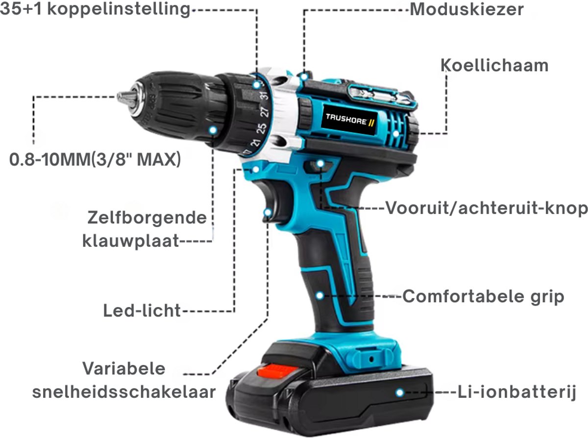Truskore Draadloze Accuboormachine – Compacte Elektrische Boor & Schroevendraaier – Inclusief 2 Oplaadbare Batterijen – Ideaal voor Klusjes in en om het Huis – Boormachine - Boorhamer - Met Gereedschapsset – foto 6