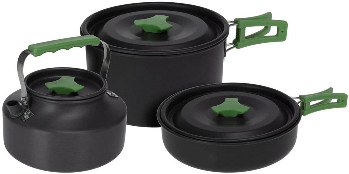 Redcliffs Outdoor Camping pannenset - 3x - aluminium/RVS - zwart/groen - kamperen