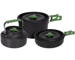 Redcliffs Outdoor Camping pannenset - 3x - aluminium/RVS - zwart/groen - kamperen