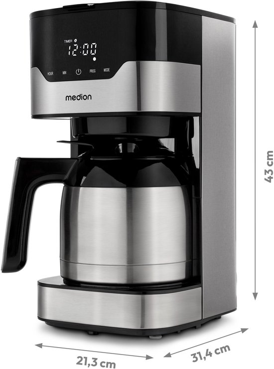 MEDION MD 18458 - Cafetière filtre programmable avec carafe isotherme - 900 Watt - 1,2 Litres - Argent