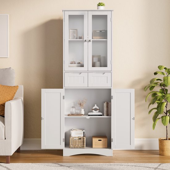 Xbro Keukenkast met Transparante Bovenkast en 2 Laden – Voorraadkast met Anti-Kantelbeveiliging – Hoge Opbergkast voor Keuken, Woonkamer of Washok – 60x30x170 cm