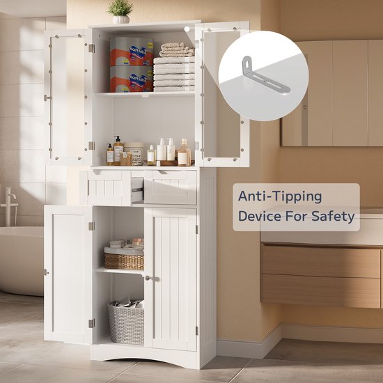 Xbro Keukenkast met Transparante Bovenkast en 2 Laden – Voorraadkast met Anti-Kantelbeveiliging – Hoge Opbergkast voor Keuken, Woonkamer of Washok – 60x30x170 cm