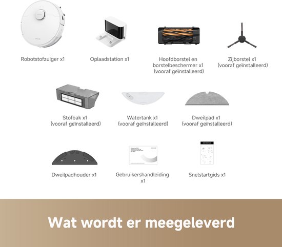 Overzicht van alle meegeleverde accessoires voor de robotstofzuiger, inclusief opladen, borstels, stofbak en dweil.