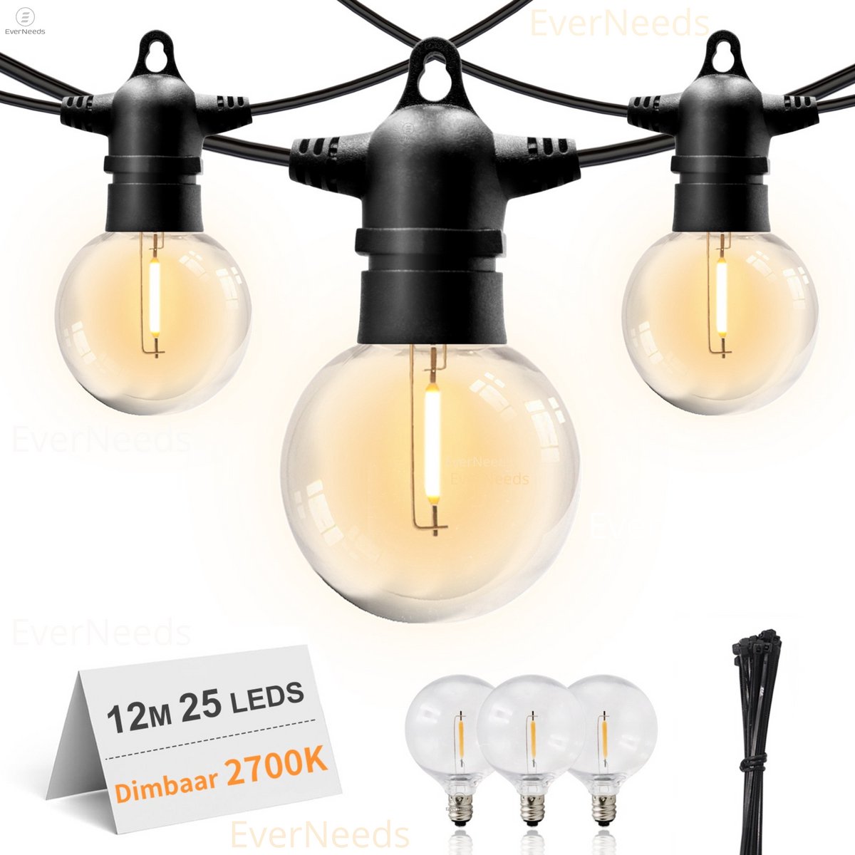 Bol.com EverNeeds G50 Lichtsnoer Buiten - Prikkabel 12m - 25 LED - IP65 - Met Dimfunctie - Lichtslinger - Sfeerverlichting Buite... aanbieding