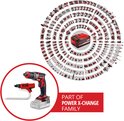 Rode cirkel met Einhell schroefmachine, magazijnopzetstuk, accu en collectie van Einhell gereedschappen.