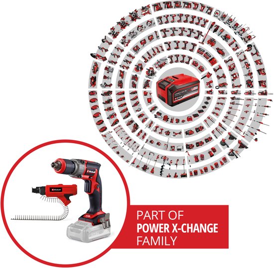Rode cirkel met Einhell schroefmachine, magazijnopzetstuk, accu en collectie van Einhell gereedschappen.