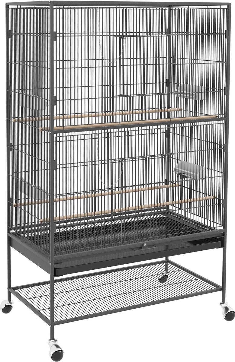 Merax Vogelkooi Grijs met Zitstokken Wieltjes en Opbergruimte Grote Vogelvolière 94x57x153 cm