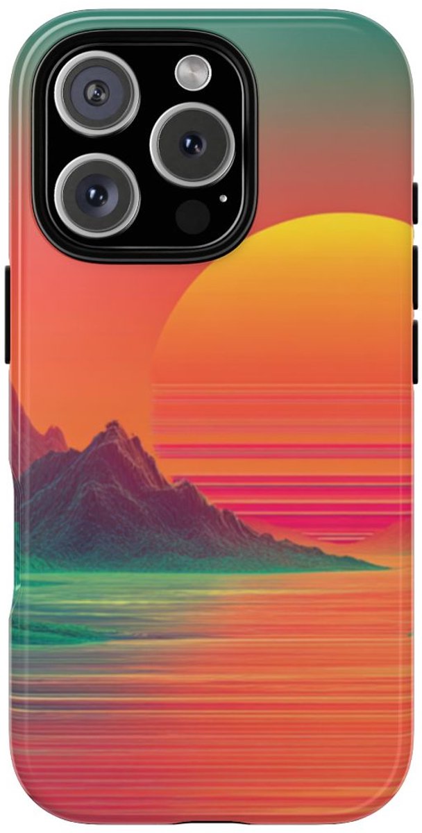 Neon Zonsondergang met Bergen en Zee – Telefoonhoesje Geschikt voor iPhone 16 Pro