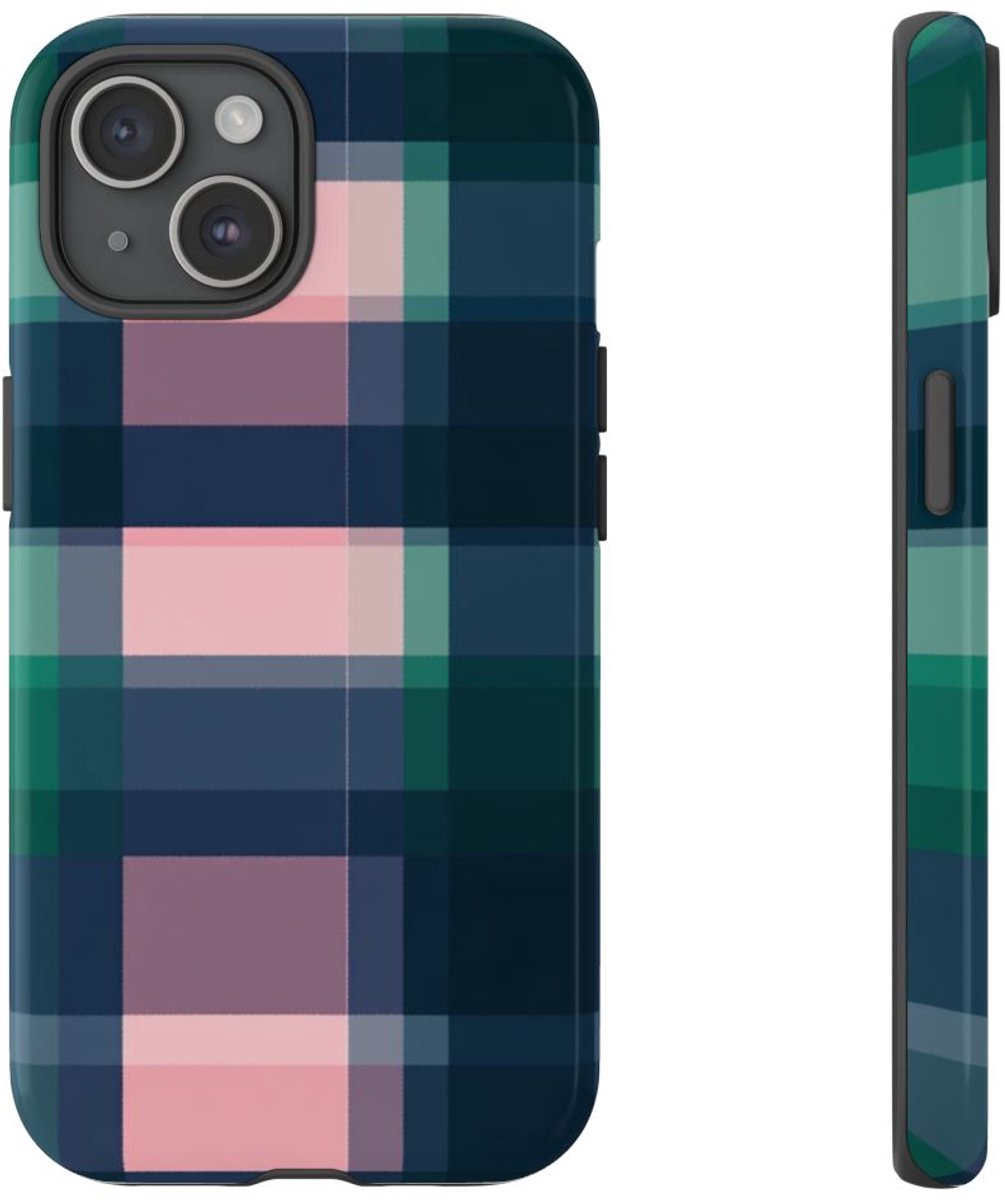 Smaragdgroen en Roze Geruit Patroon – Telefoonhoesje Geschikt voor iPhone 15