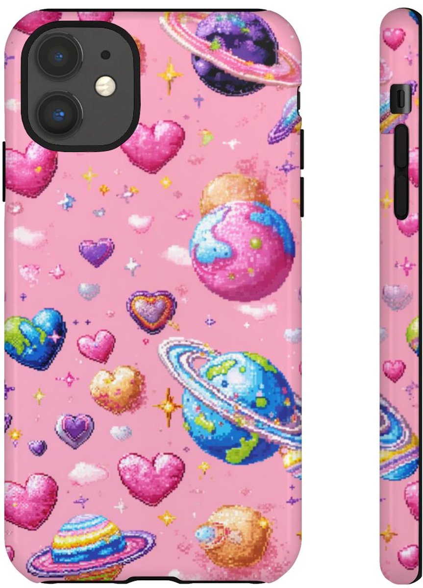 Pixel Art Harten en Planeten Patroon – Telefoonhoesje Geschikt voor iPhone 11