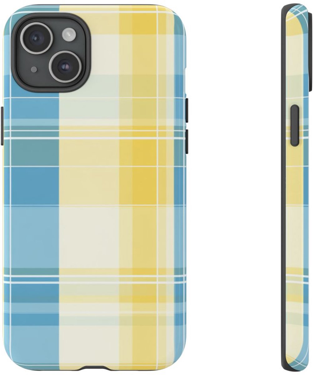 Ocean Blue en Geel Geruit Patroon – Telefoonhoesje Geschikt voor iPhone 15 Plus