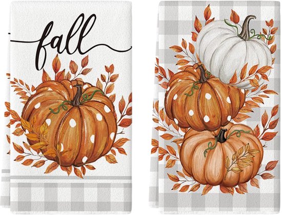 Foto: Oranje buffalo plaid leaves pumpkin fall keukendoeken theedoeken 40x60cm boerderijdecoratie handdoekenset van 2