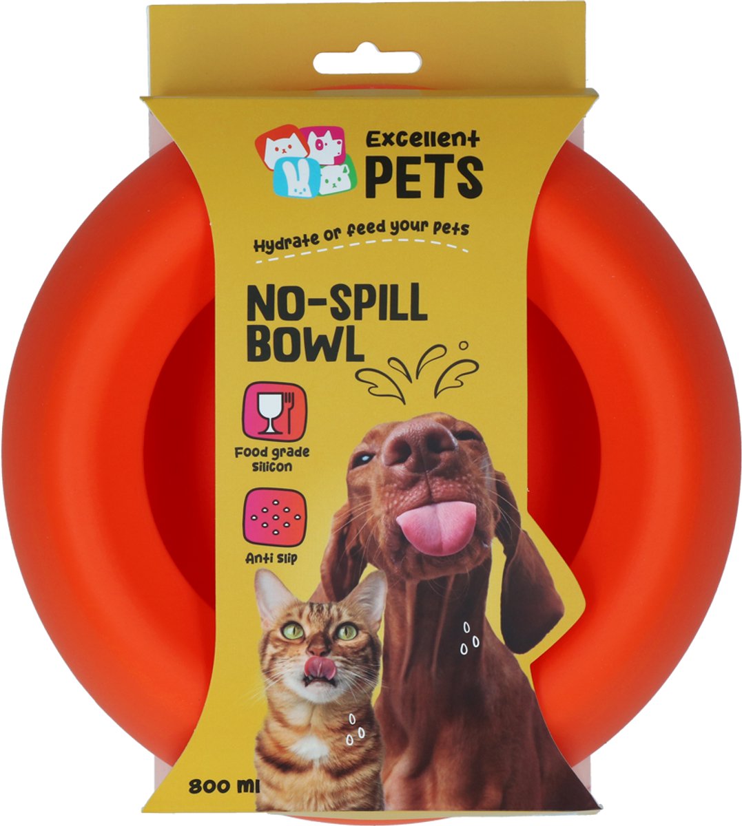 Excellent Pets Anti-knoei Voer- en Drinkbak Hond en Kat - 800 ml - Voerbak met Antislip - M - Morsbestendige Rand - Siliconen Drinkbak - Oranje