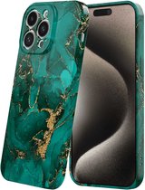 Smartphonica Telefoonhoesje Geschikt voor iPhone 15 Pro Max met Groen Marmer Opdruk - Flexibel Softcase TPU - Backcover Case Green Gold Marble Design geschikt voor iPhone 15 Pro Max